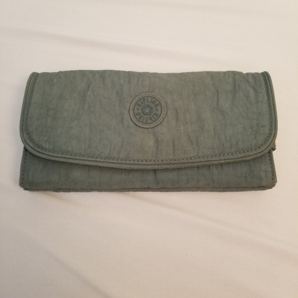 Kipling New Money Long Wallet Slate green Crinkle Nylon Trifold Organizer